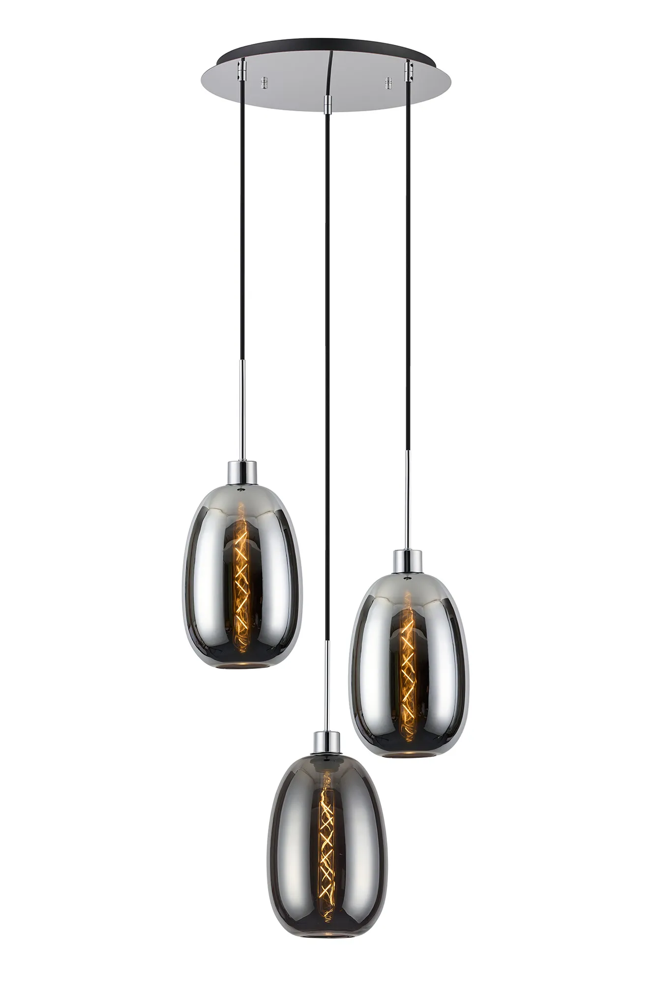 DK1270  Lori 40cm Round Pendant, 3 Light Adjustable E27, Polished Chrome/Chrome/Smoke Slim Curved Trapezium Shades